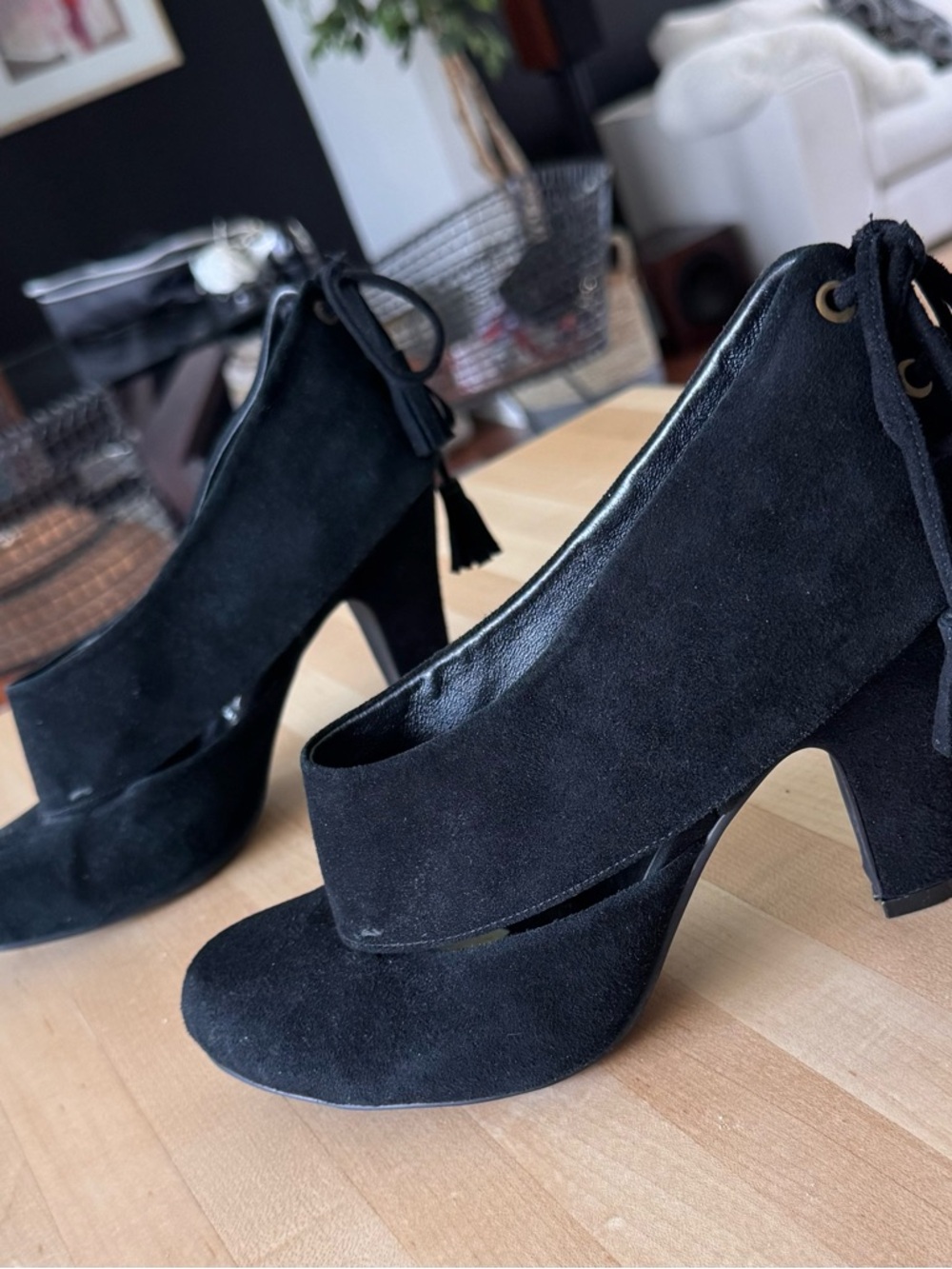 Jeffrey Campbell Black Suede Lace-Up Heels Tassel Booties 8.5